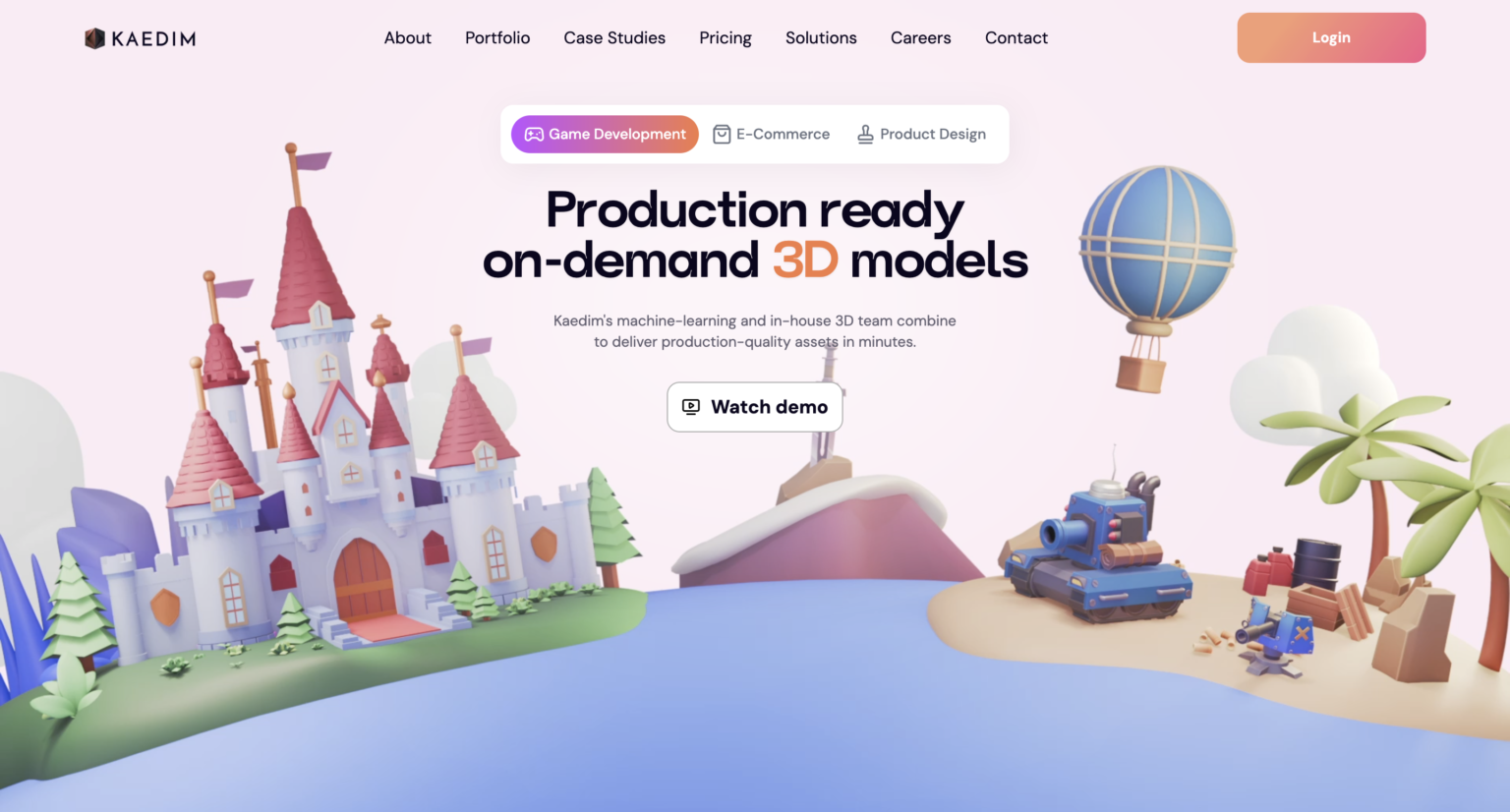 Kaedim homepage showcasing AI-powered tools for converting 2D images into detailed 3D models, with workflows for game development, product design, and e-commerce.